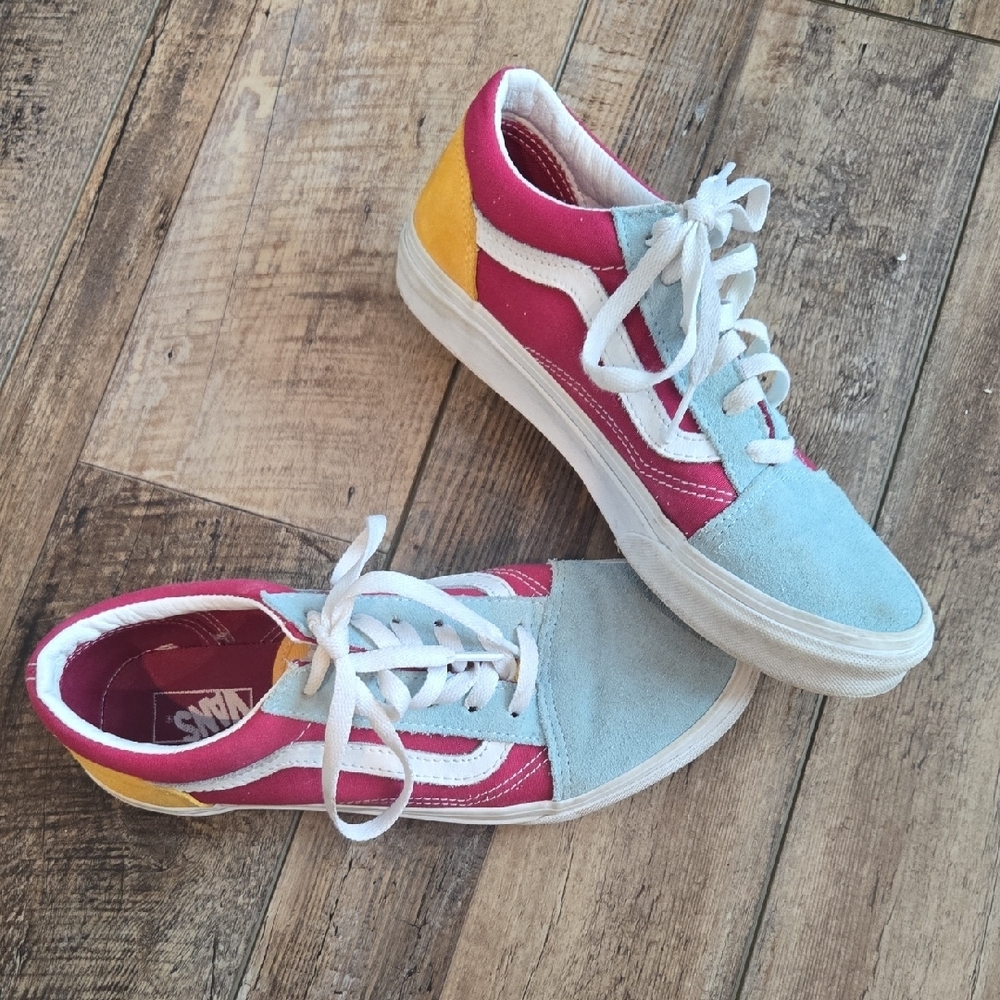 Vans Old Skool Colorblock Sneakers Pink Blue Yellow Suede Canvas US Youth 6.5